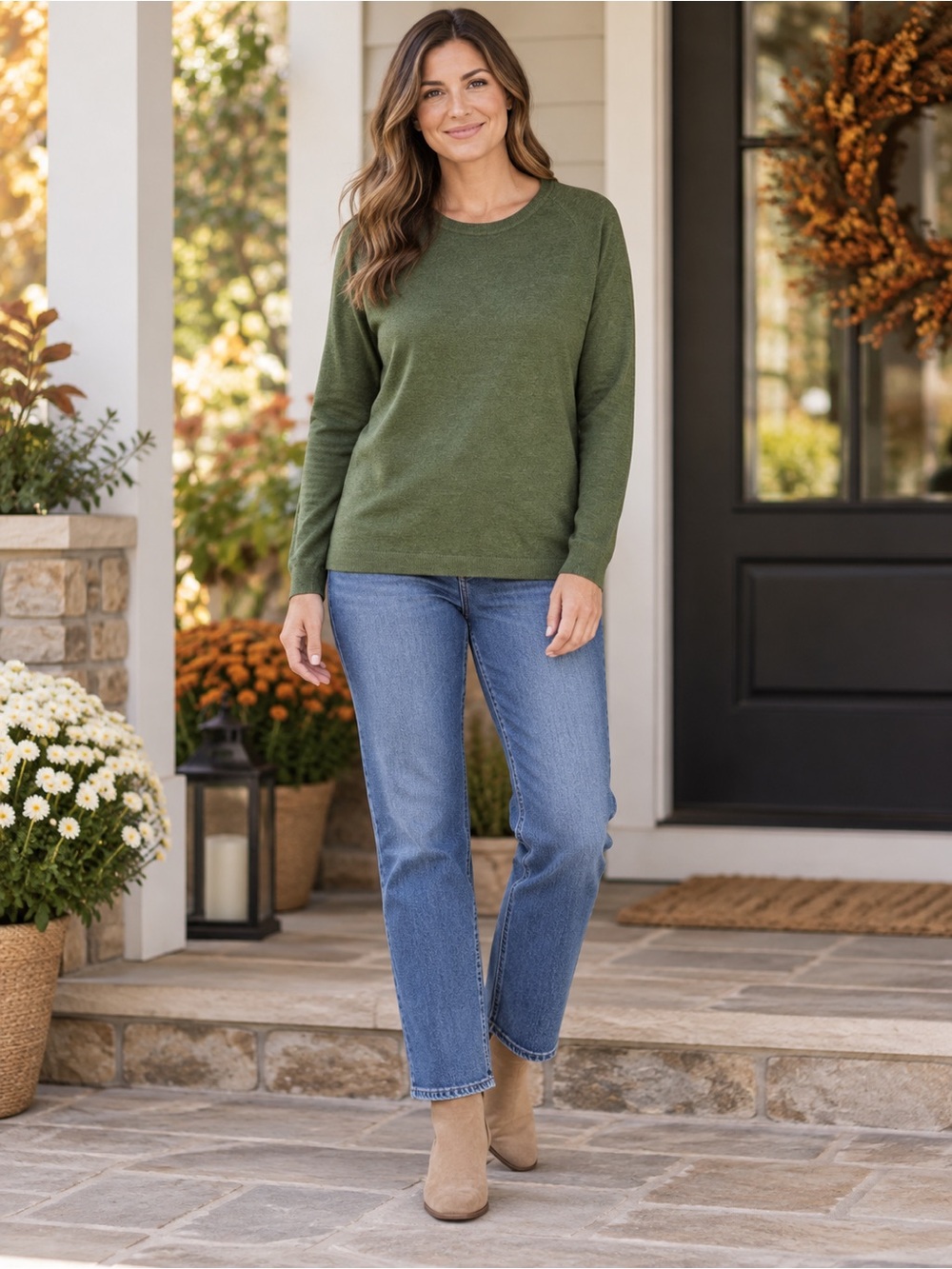 Zenana Olive Green Wool Blend Crewneck Sweater Long Sleeve Large NWOT